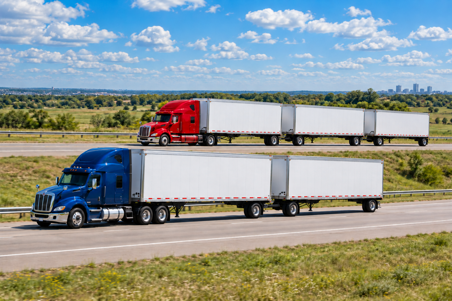 Blue truck with two pup trailers and red truck with three pup trailers together