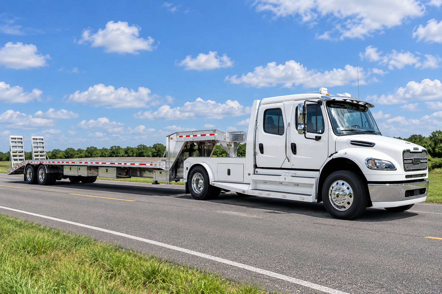 White Freightliner M2 106 SportChassis pulling an aluminum dual tandem gooseneck trailer