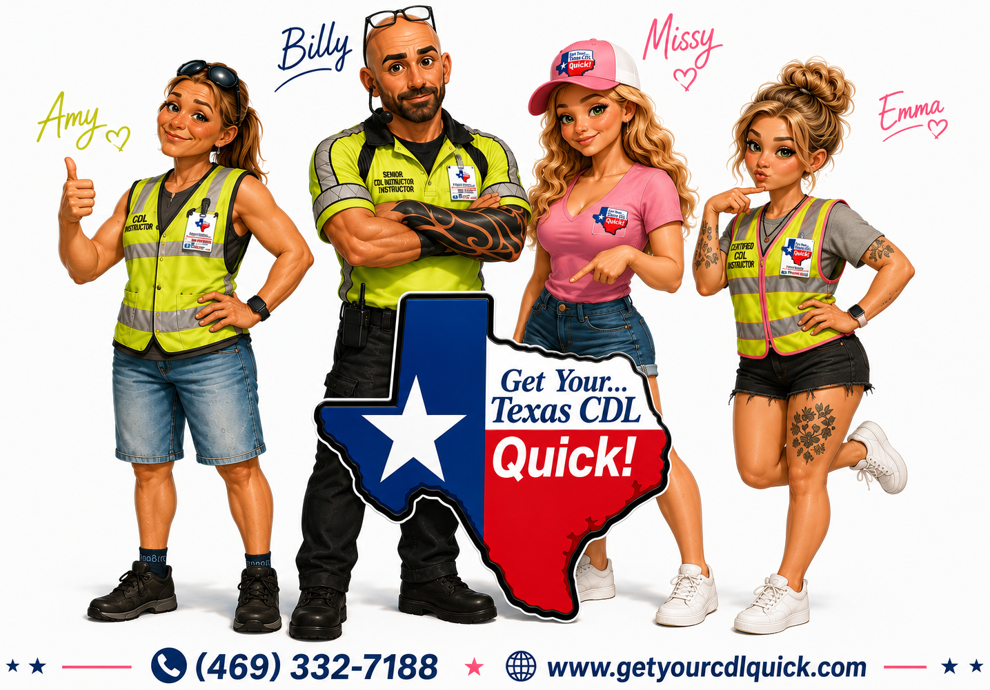 Illustrated Get Your CDL Quick team: Amy, Billy, Missy and Emma